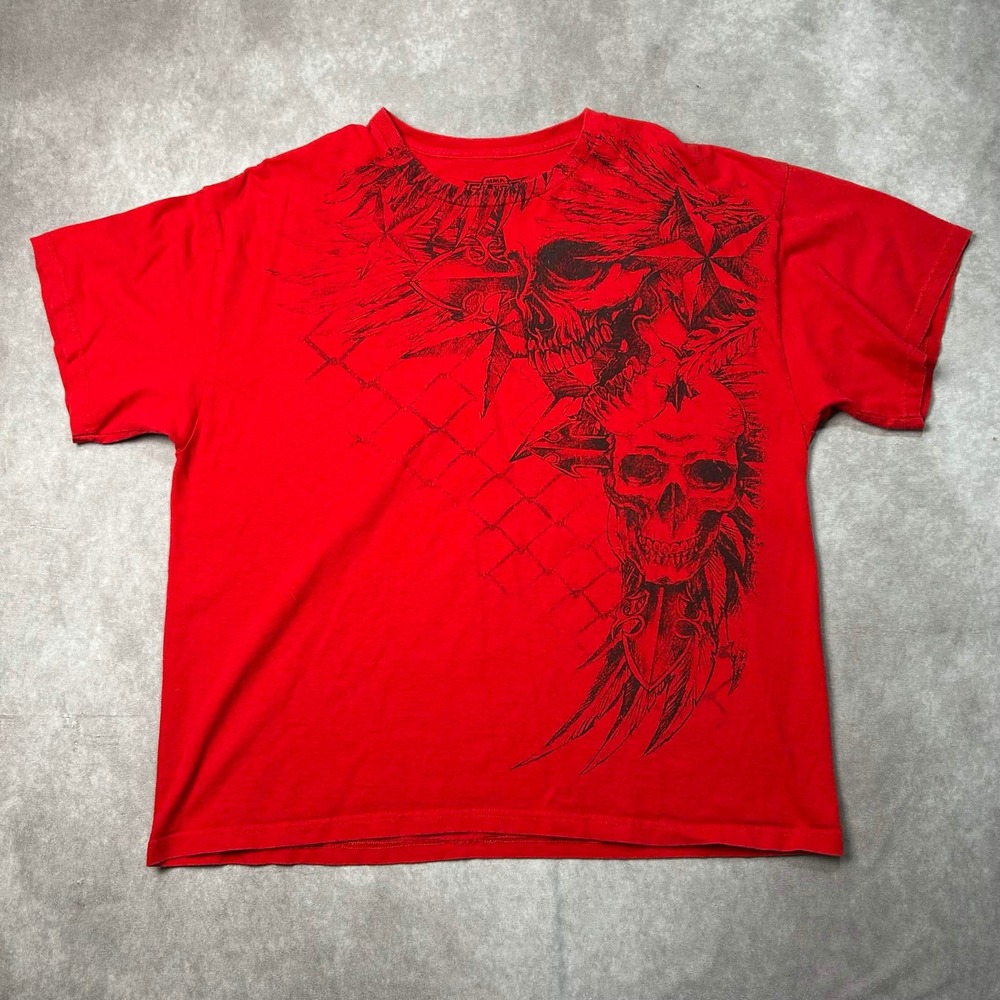 MMA Elite Mens XL Red Graphic T-Shirt Skull Star Chain Link Print Cotton Tee y2k